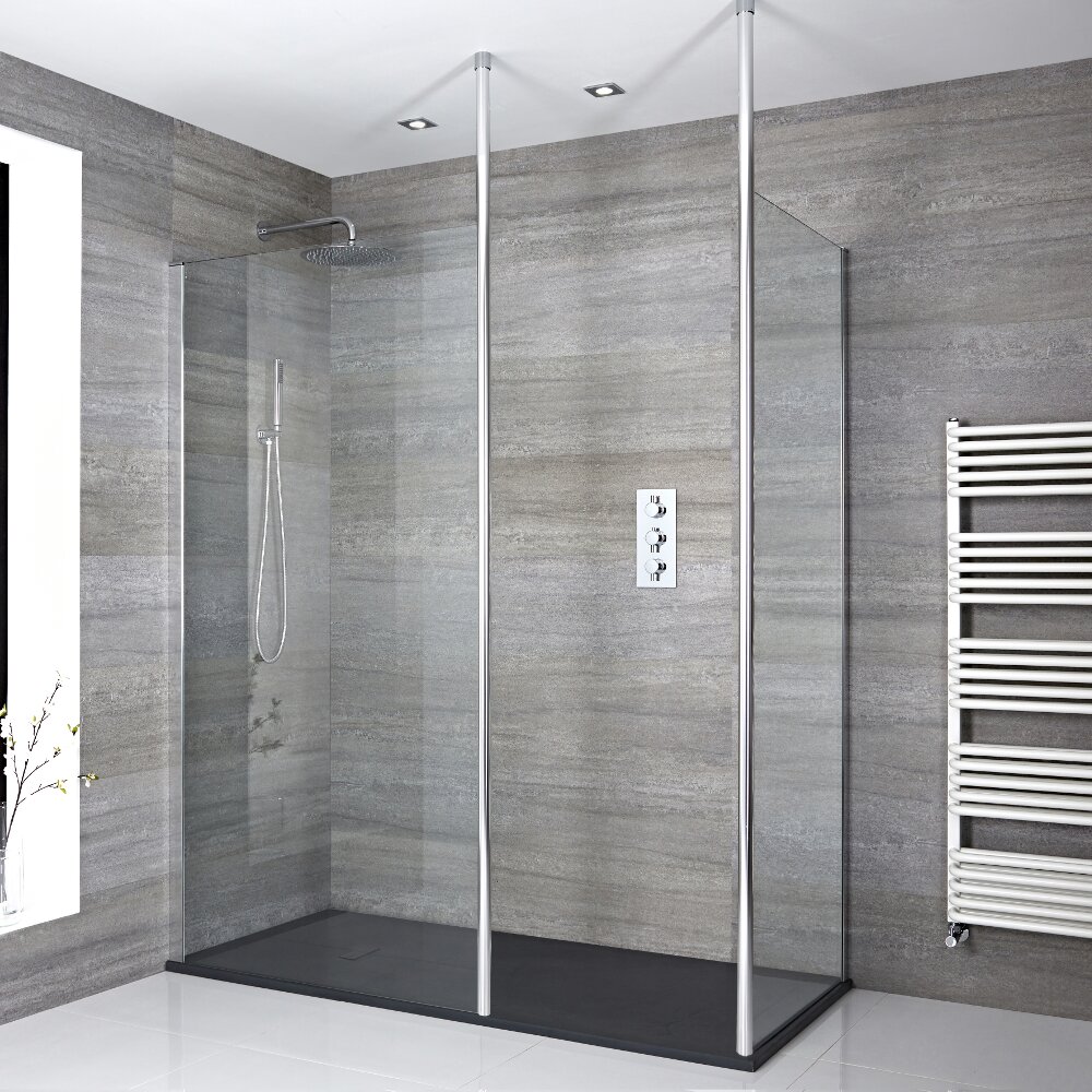 Paroi de Douche 90 & 100cm - Bras stabilisateurs - Lot de 2 & Receveur Anthracite 170 x 90cm Portland