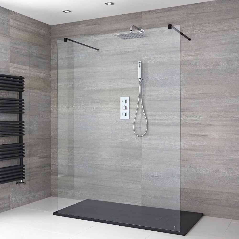 Paroi de Douche 140cm avec 2 Bras Stabilisateurs Noirs & Receveur Anthracite 140 x 80cm Nox