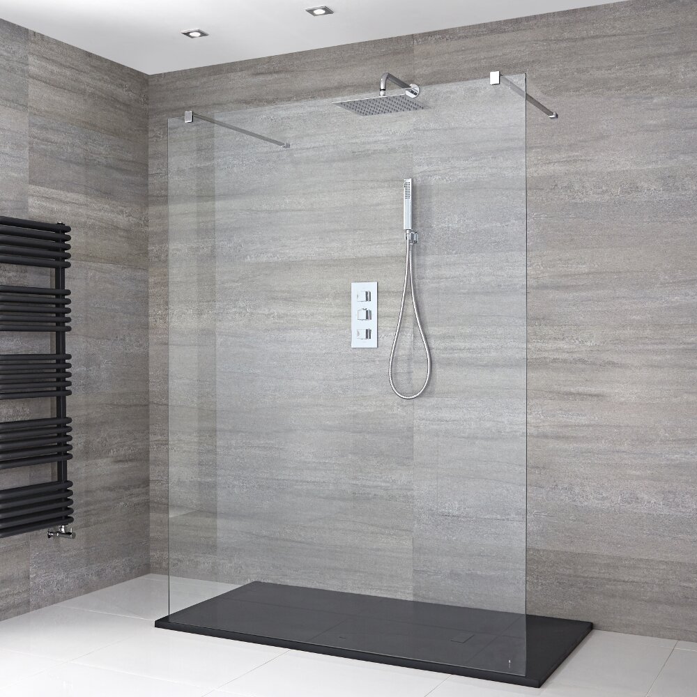 Paroi de Douche 140cm avec 2 Bras Stabilisateurs & Receveur Anthracite 140 x 90cm Portland