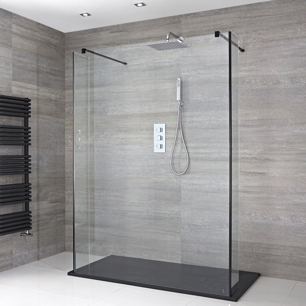 Paroi de Douche 120cm & 2 Retours 25cm à Profilés Noirs - Bras Stabilisateurs & Receveur Anthracite 120 x 80cm Nox