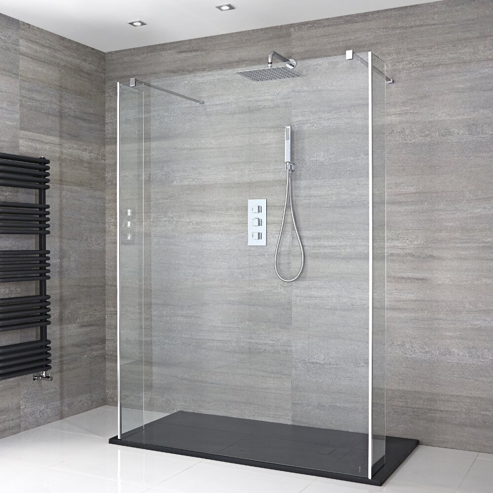 Paroi de Douche 120cm - 2 Retours 25cm - Bras Stabilisateurs & Receveur Anthracite 120 x 80cm Portland