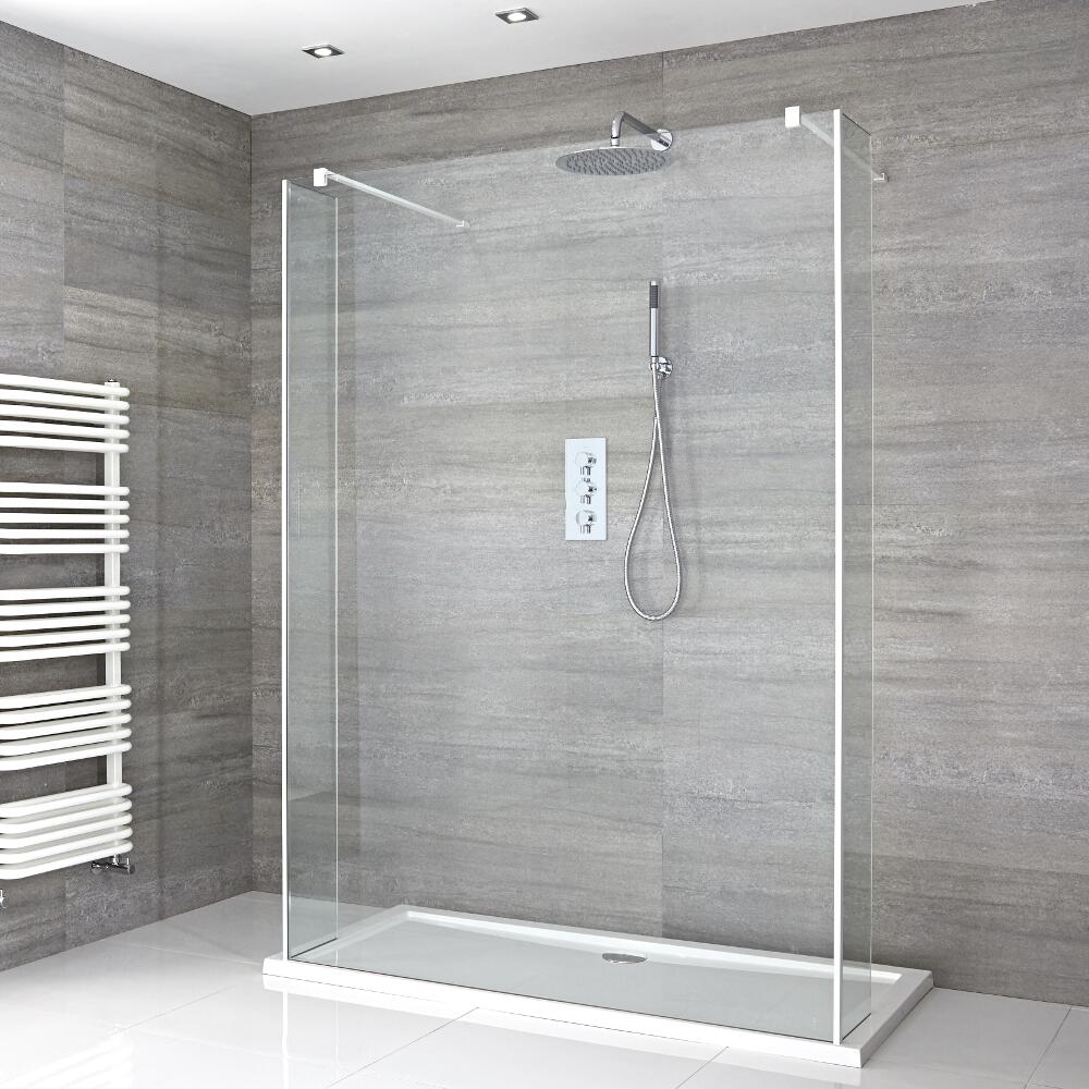 Paroi de Douche 140cm & 2 Retours 25cm à Profilés Blancs - Bras Stabilisateurs & Receveur 140 x 80cm Portland