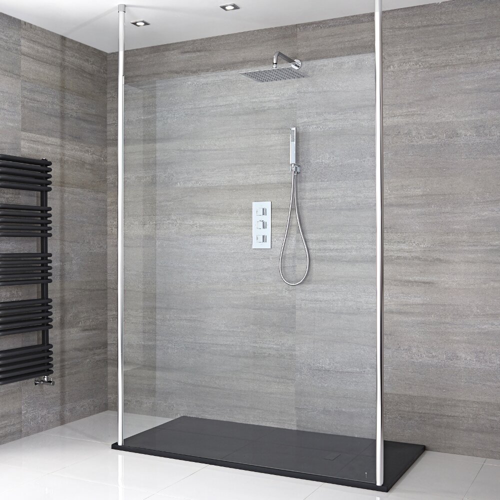 Paroi de Douche 140cm à Bras Stabilisateurs Verticaux & Receveur Anthracite 140 x 80cm Sera