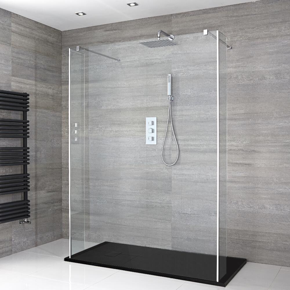 Douche italienne en îlot avec receveur de douche à effet texturé et parois retour – Multiples tailles disponibles – Portland