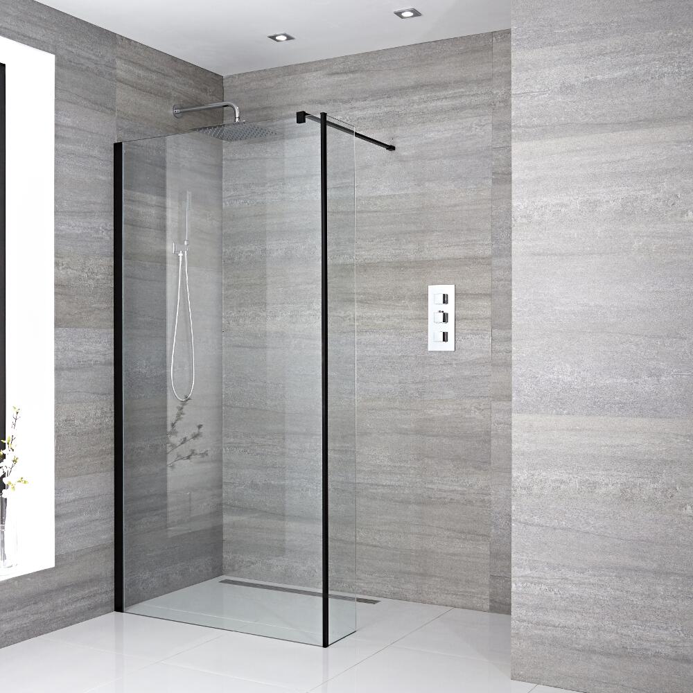Paroi de douche 120x195cm Profilé noir Retour & Choix de Caniveau de Douche Nox
