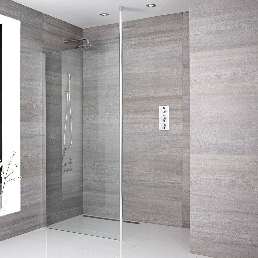 Paroi de douche 100x195cm avec bras stabilisateur recoupable & Choix de Caniveau de Douche Sera