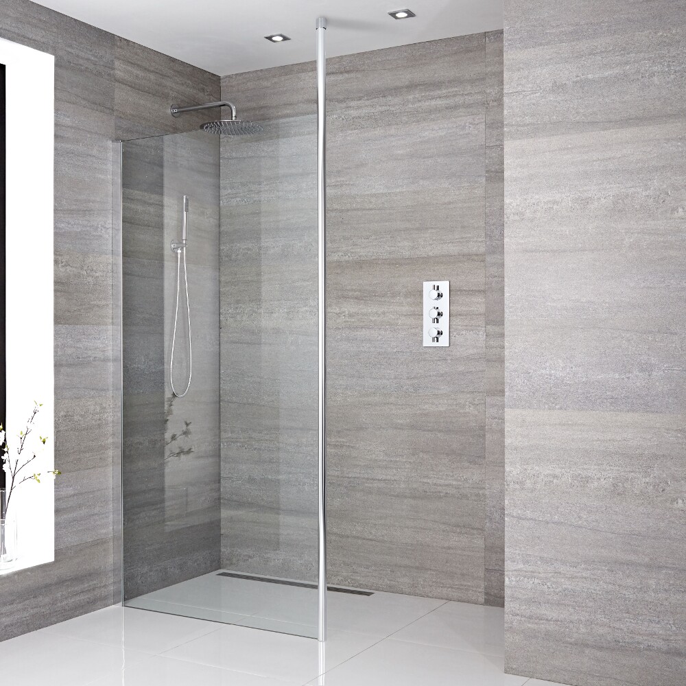 Paroi de douche 140x195cm avec bras stabilisateur recoupable & Choix de Caniveau de Douche Sera