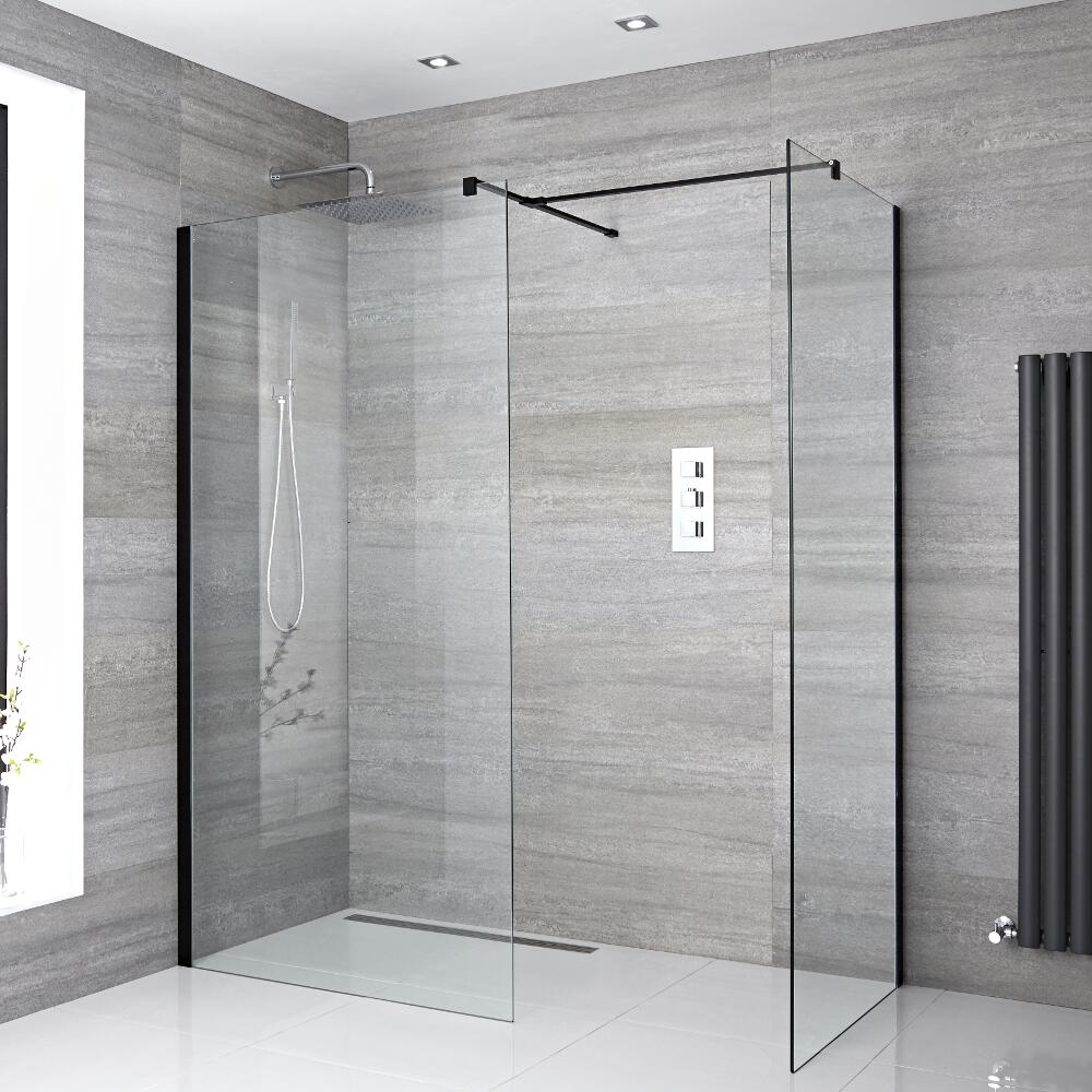 Paroi de Douche 90 & 120cm profilés noirs - Lot de 2 avec bras stabilisateurs - Pièce T & Choix de Caniveau de Douche Nox