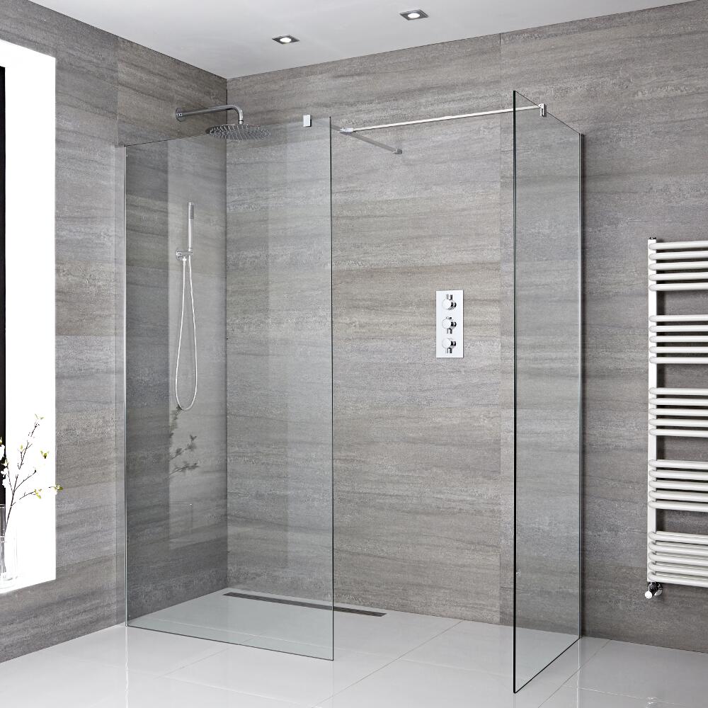 Paroi de Douche 90 & 120cm - Lot de 2 avec bras stabilisateurs - Pièce T & Choix de Caniveau de Douche Portland