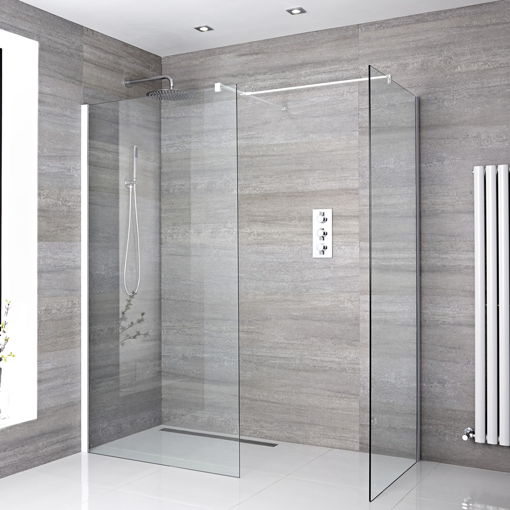 Paroi de Douche 90 & 120cm profilés blancs - Lot de 2 avec bras stabilisateurs - Pièce T & Choix de Caniveau de Douche Portland