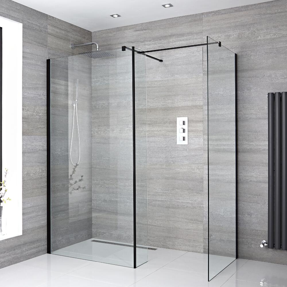 Paroi de Douche 80 & 90cm - Lot de 2 - Retour - Profilés Noirs - Bras stabilisateurs - Pièce T & Choix de Caniveau de Douche Nox