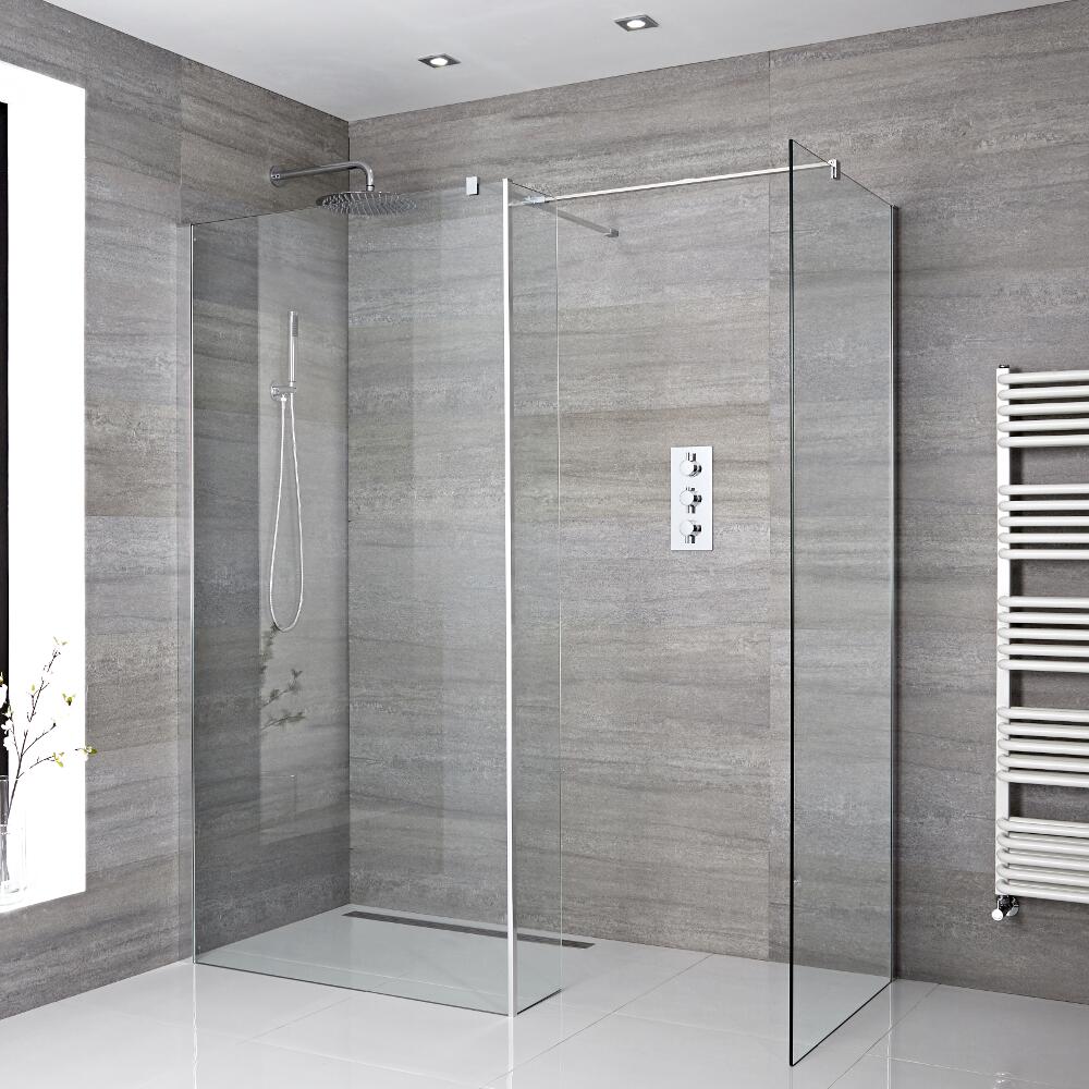 Paroi de Douche 80 & 90cm - Lot de 2 - Retour - Bras stabilisateurs - Pièce T & Choix de Caniveau de Douche Portland