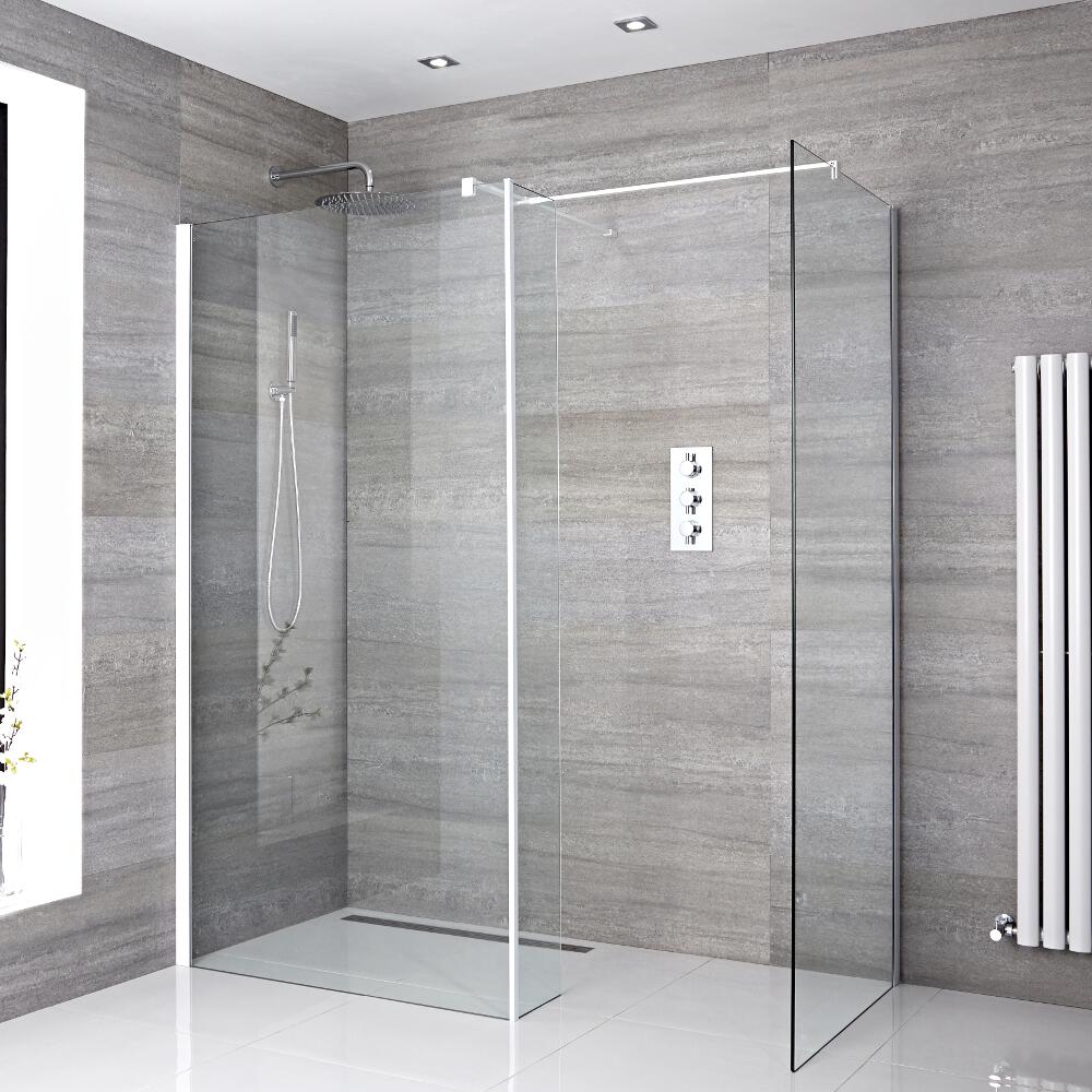 Paroi de Douche 90 & 120cm - Lot de 2 - Retour - Profilés Blancs - Bras stabilisateurs - Pièce T & Choix de Caniveau de Douche Portland
