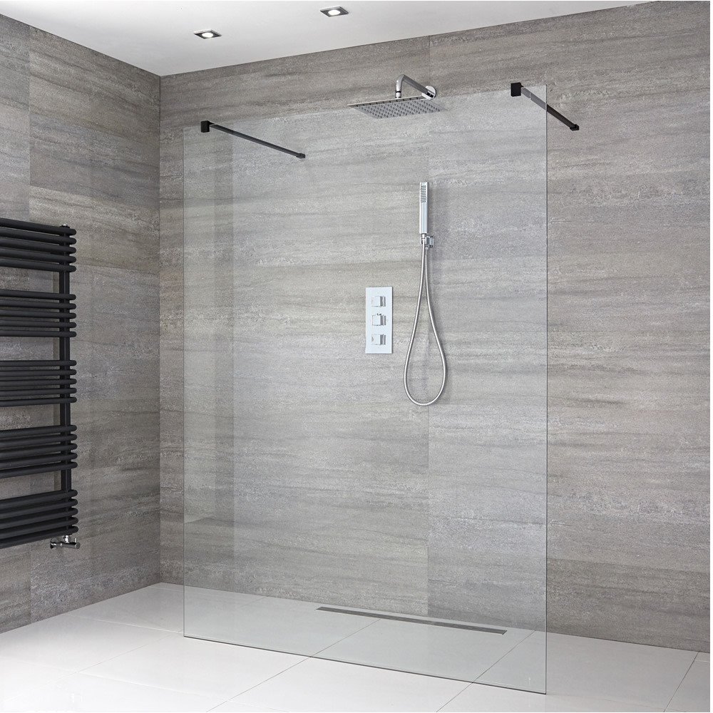 Paroi de Douche 120cm avec 2 Bras Stabilisateurs Noirs & Choix de Caniveau de Douche Nox