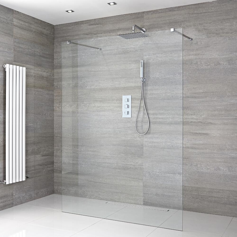 Paroi de Douche 120cm avec 2 Bras Stabilisateurs & Choix de Caniveau de Douche Portland