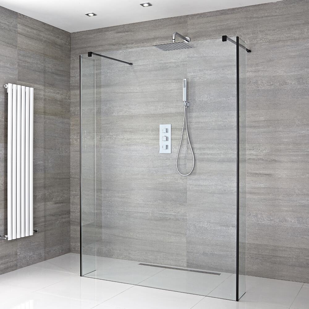 Paroi de Douche 120cm & 2 Retours 25cm à Profilés Noirs - Bras Stabilisateurs & Choix de Caniveau de Douche Nox