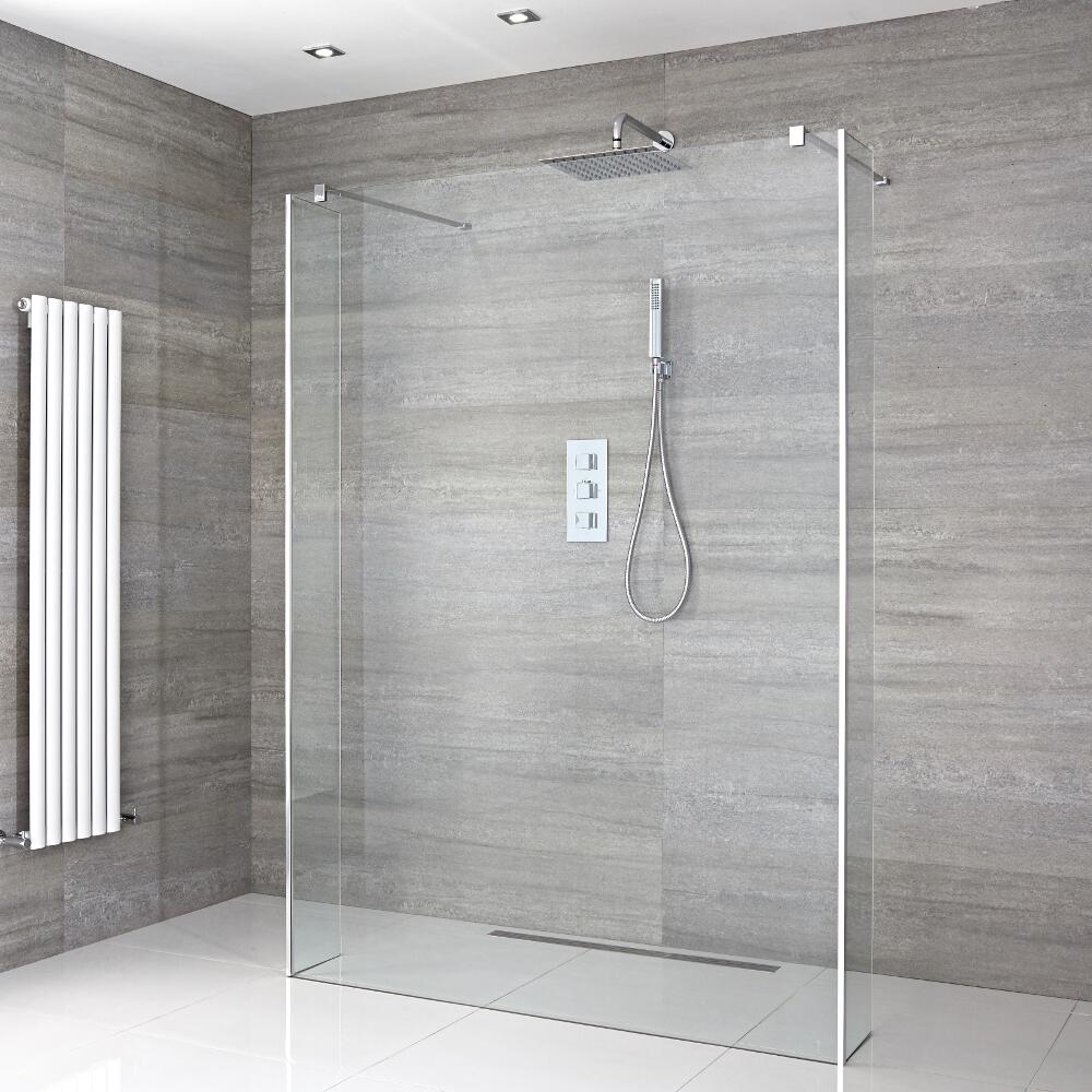 Paroi de Douche 140cm & 2 Retours 25cm - Bras Stabilisateurs & Choix de Caniveau de Douche Portland