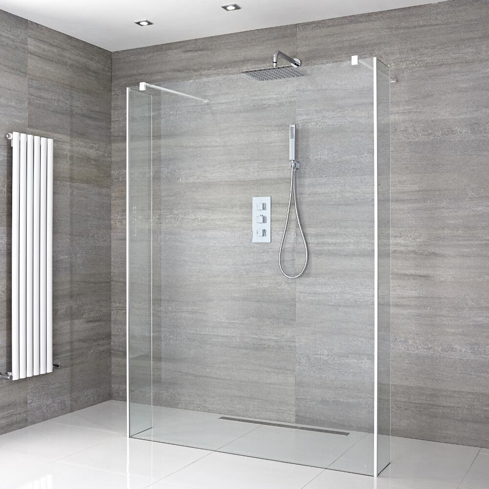Paroi de Douche 140cm & 2 Retours 25cm à Profilés Blancs - Bras Stabilisateurs & Choix de Caniveau de Douche Portland