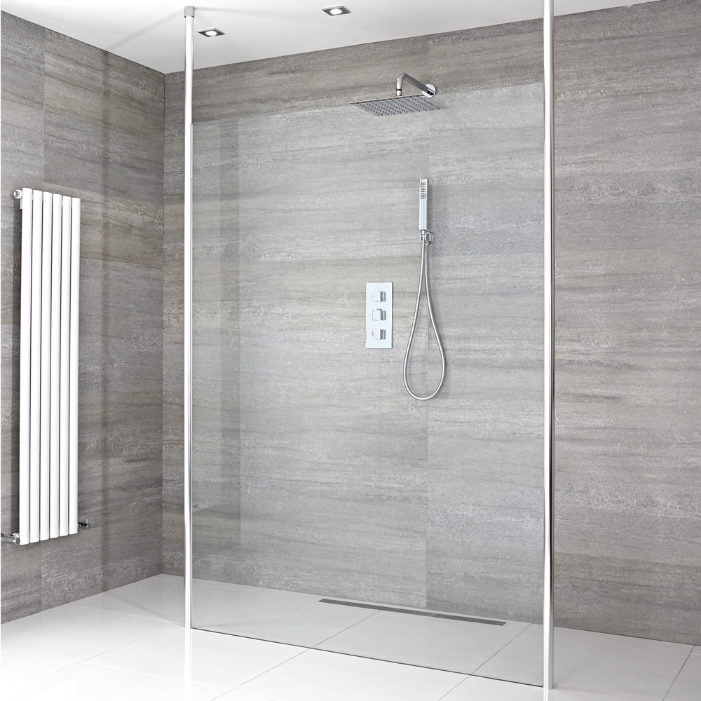 Paroi de Douche 140cm à Bras Stabilisateurs Verticaux & Choix de Caniveau de Douche Sera