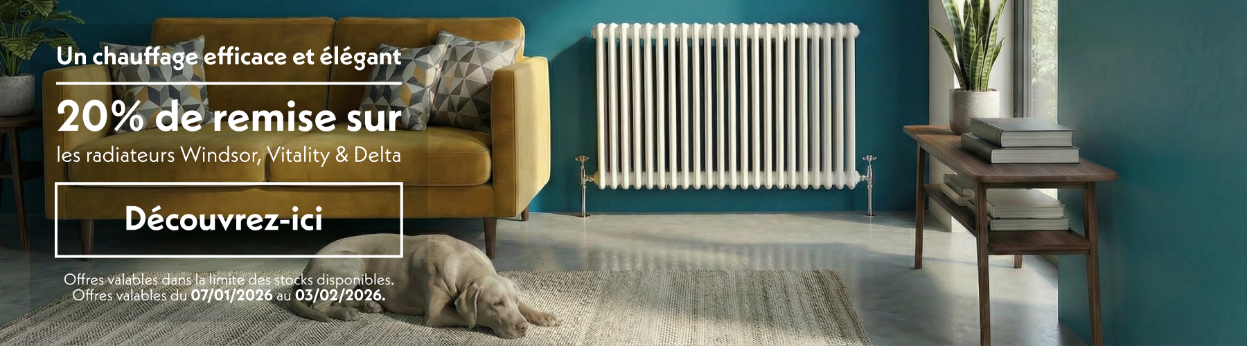 Un chauffage efficace et élégant  20% de remise sur les radiateurs Windsor, Vitality & Delta  Découvrez-ici  Offres valables dans la limite des stocks disponibles. Offres valables du 07/01/2026 au 03/02/2026.